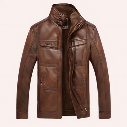 Men’s Leather Jacket – Slim Fit – High Collar – Insulated Lining – Multiple Pockets