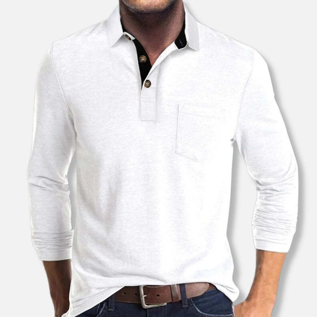 Men’s Long-Sleeve Polo Shirt – Regular Fit – Cotton Blend – Rib Cuffs – Patch Pocket