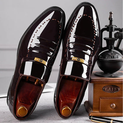 Luxury Slip-On Men's Dress Shoes - Glossy Leather Loafers - OutfitLondon