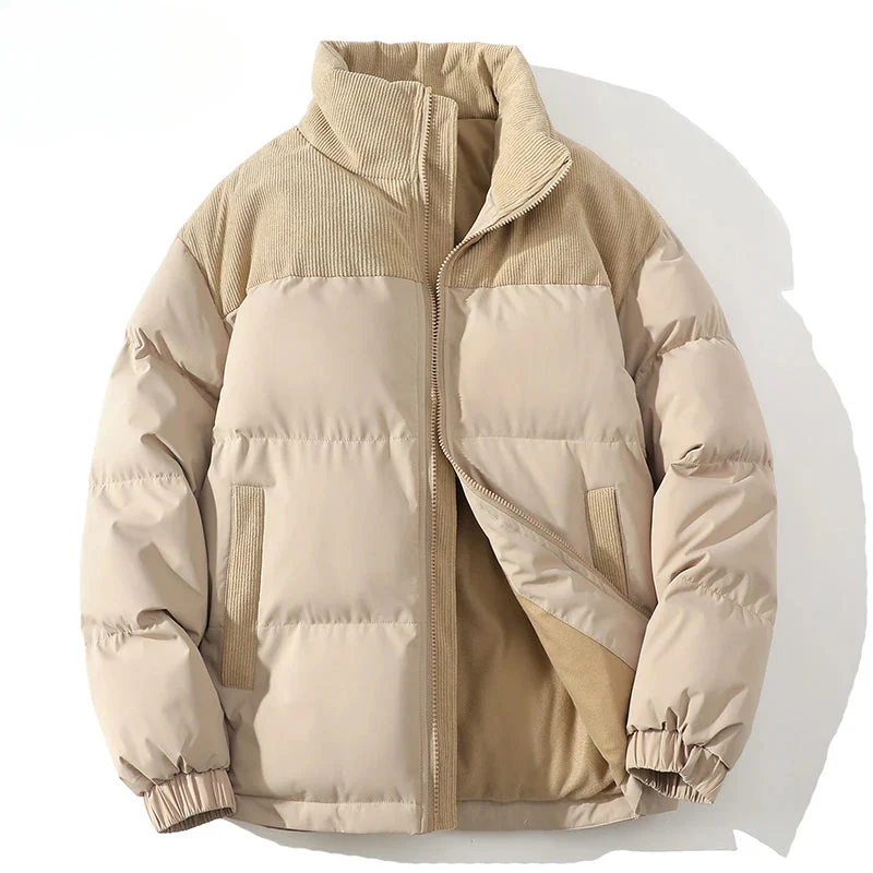 Men’s Puffer Jacket – Quilted Insulation – Ribbed Corduroy Trim – Relaxed Fit