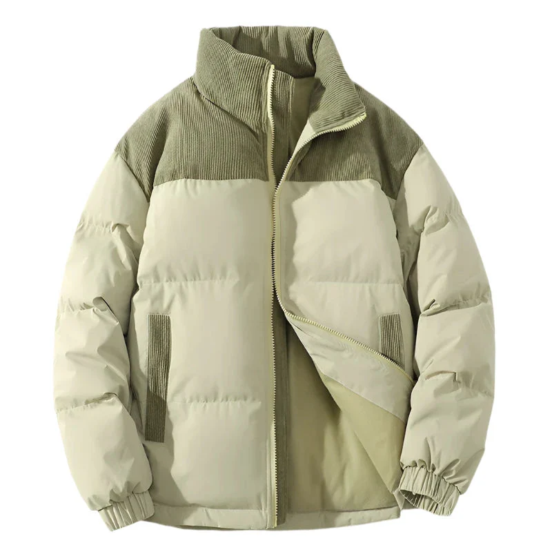 Men’s Puffer Jacket – Quilted Insulation – Ribbed Corduroy Trim – Relaxed Fit