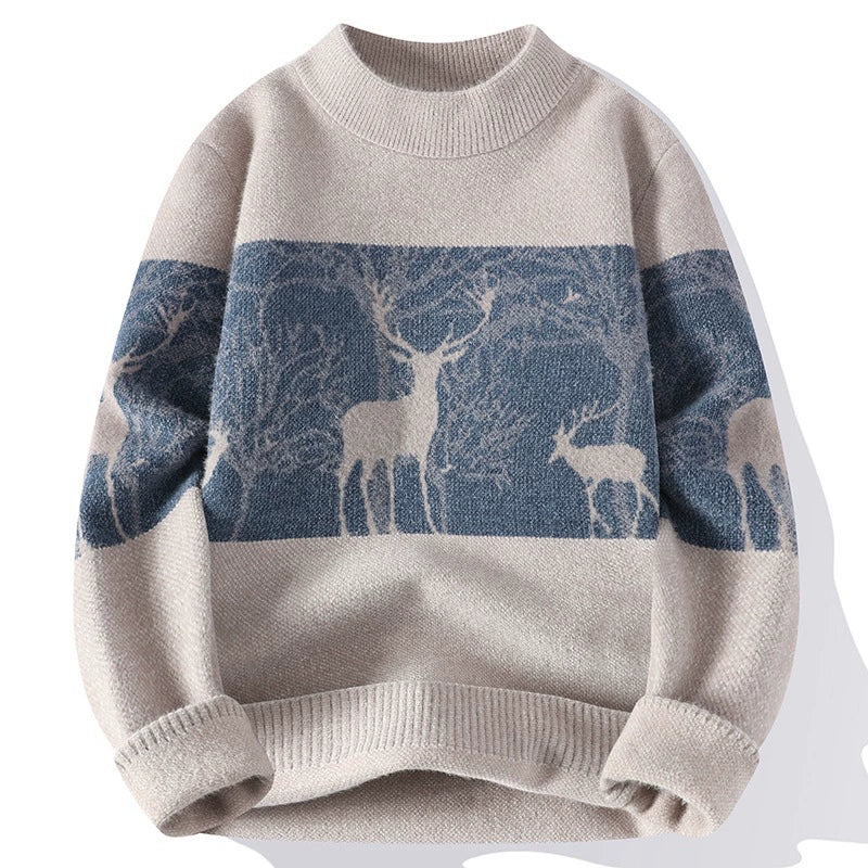 Relaxed Fit Crew Neck Wool Sweater Deer Design - OutfitLondon