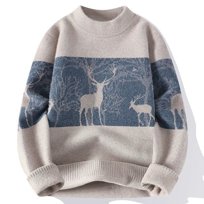 Relaxed Fit Crew Neck Wool Sweater Deer Design - OutfitLondon