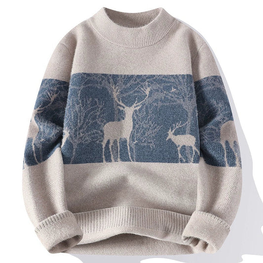Relaxed Fit Crew Neck Wool Sweater Deer Design - OutfitLondon