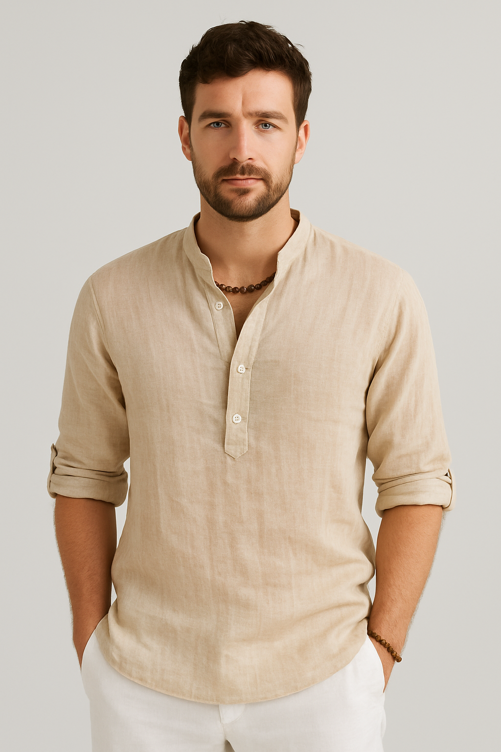 Casual Linen Summer Shirt - Breathable V-Neck Shirt - OutfitLondon