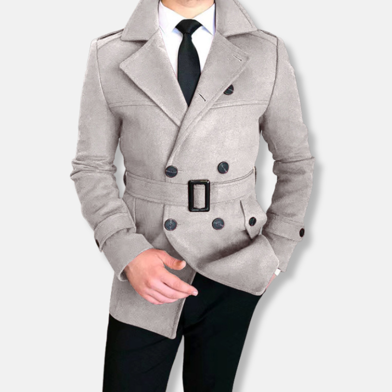 Men’s Short Jacket – Tailored Fit – Wool Blend – Double-Breasted – Belted Waist