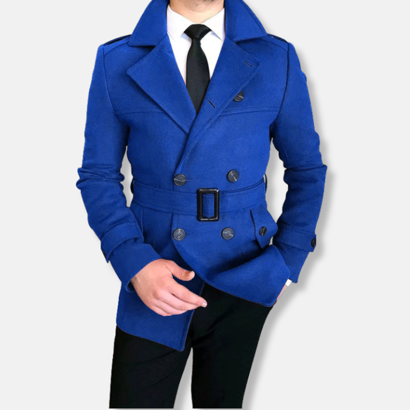 Men’s Short Jacket – Tailored Fit – Wool Blend – Double-Breasted – Belted Waist