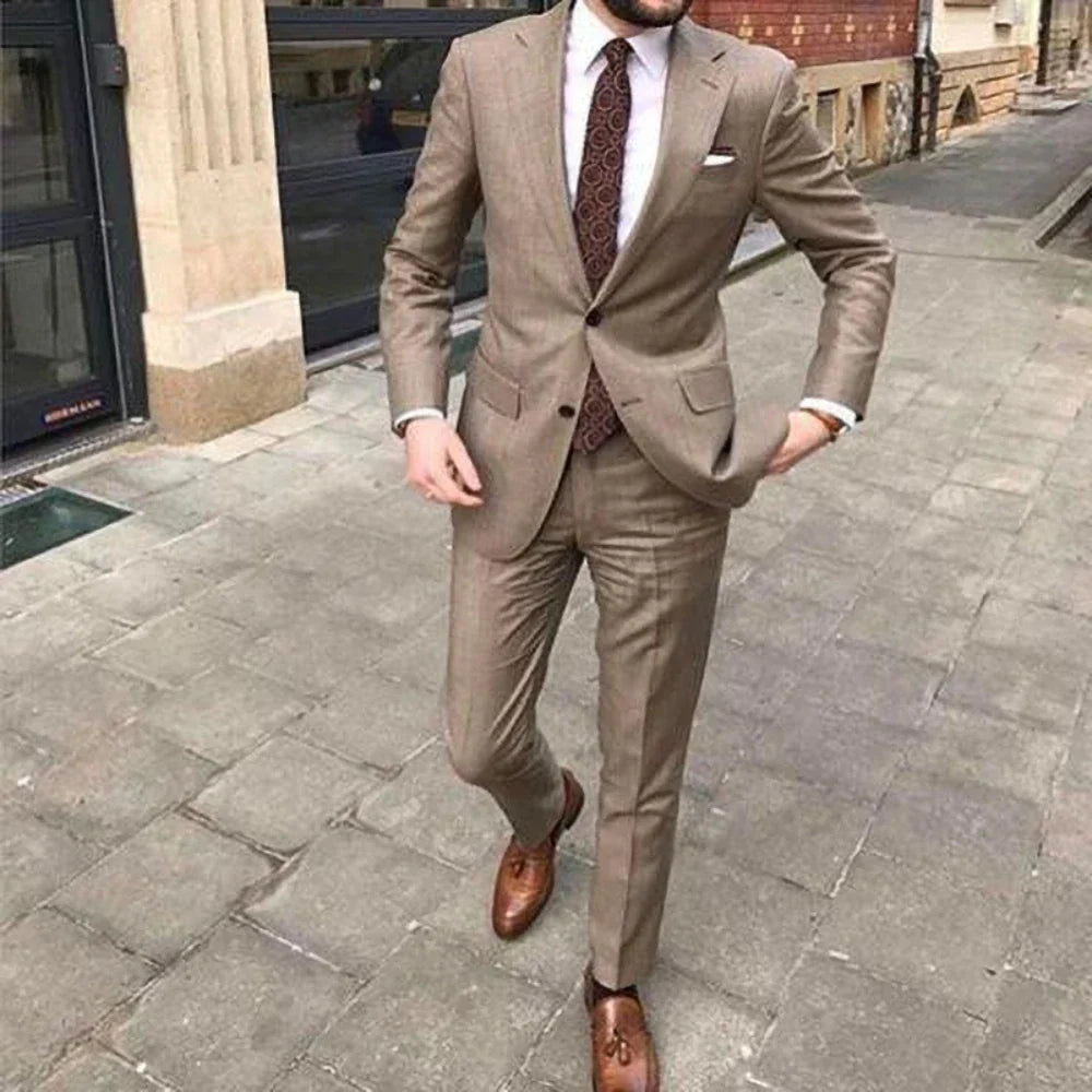 Men's Classic Fit Beige Suit - 2-Piece Summer Formal Set - OutfitLondon