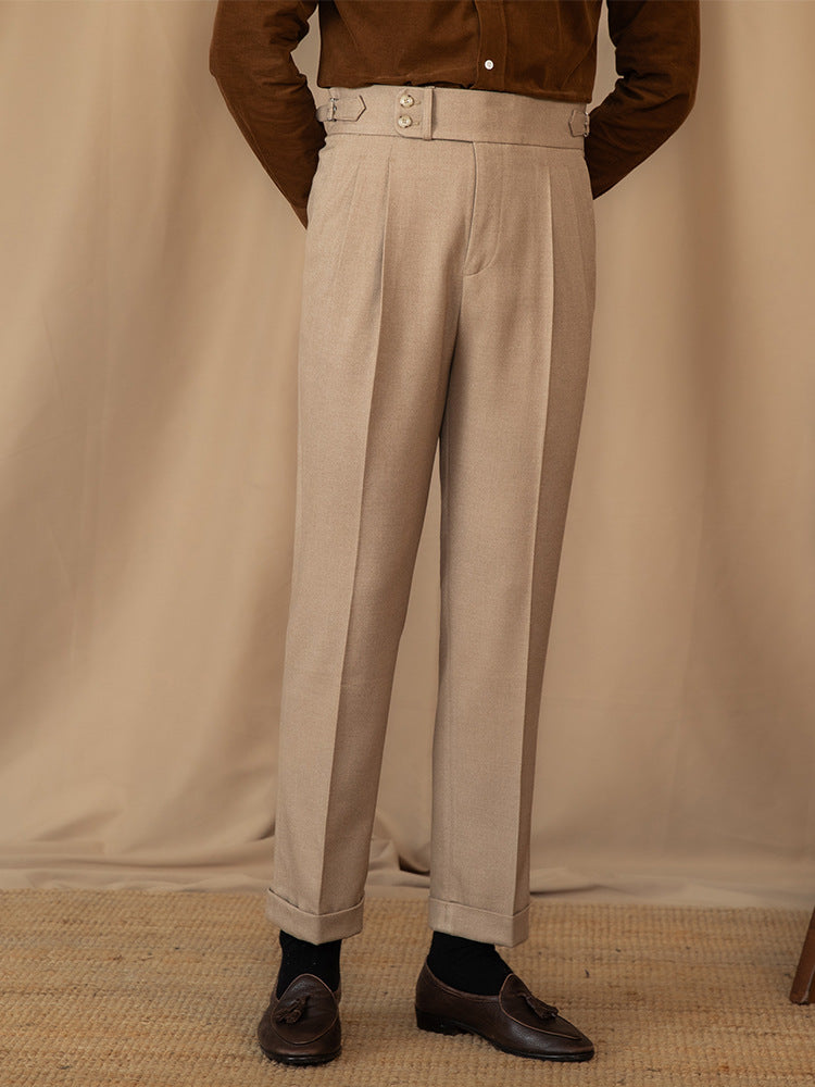 Classic Fit Wool Pants High Waist Pleated Legs - OutfitLondon