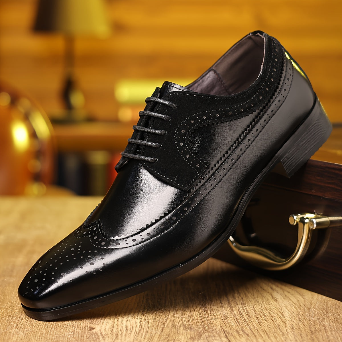 Classic Black Leather Wingtip Dress Shoes