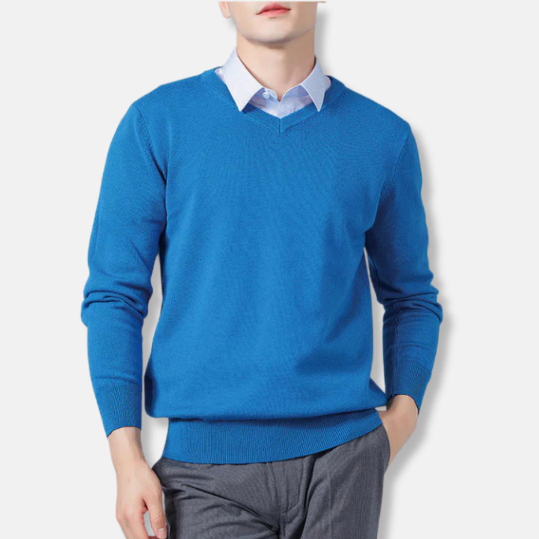 Men’s V-neck Sweatshirt – Relaxed Fit – Fine Gauge Knit – Ribbed Trim – Long Sleeve