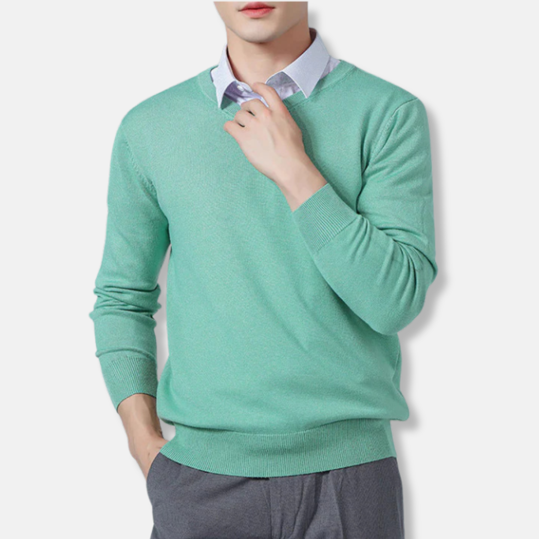 Men’s V-neck Sweatshirt – Relaxed Fit – Fine Gauge Knit – Ribbed Trim – Long Sleeve