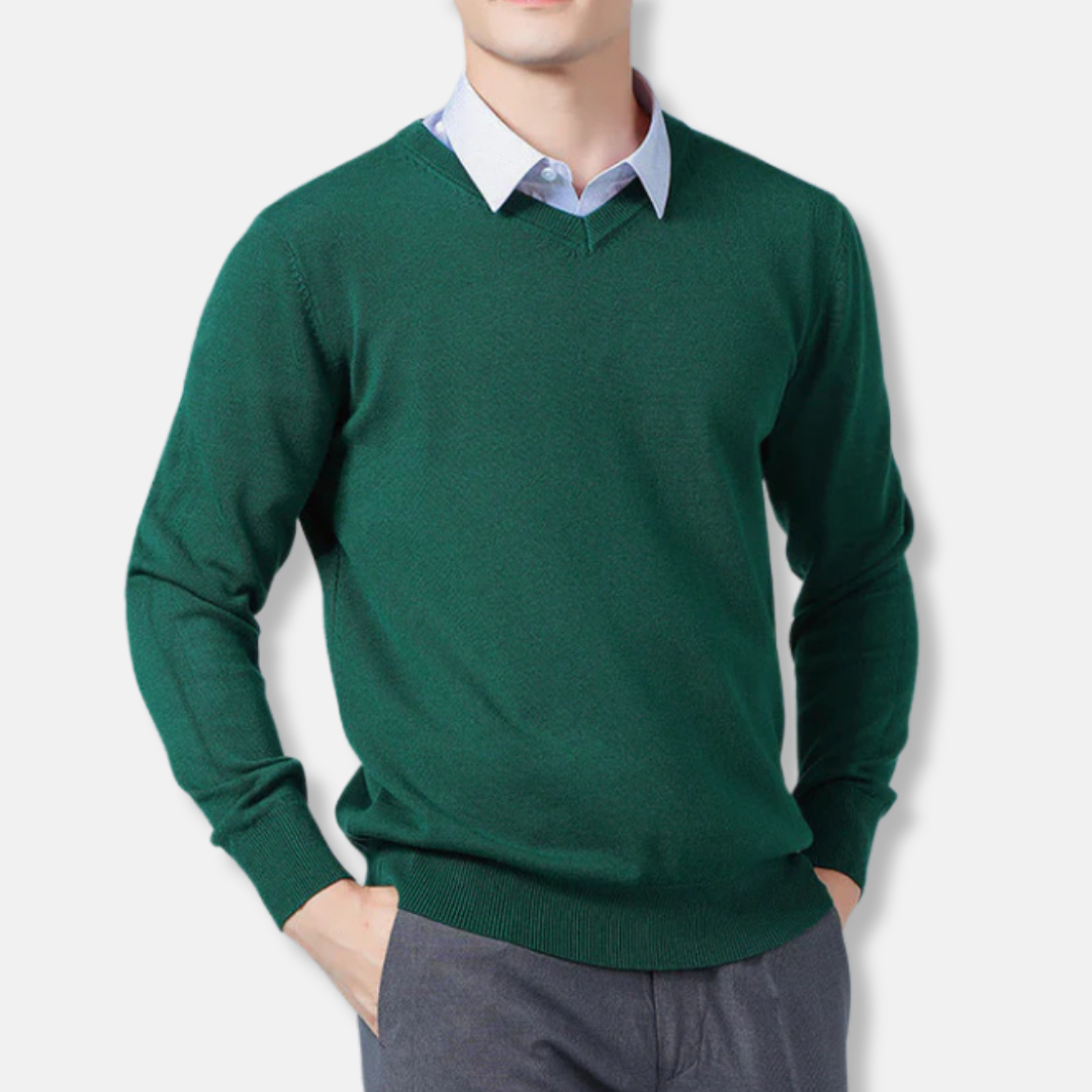Men’s V-neck Sweatshirt – Relaxed Fit – Fine Gauge Knit – Ribbed Trim – Long Sleeve