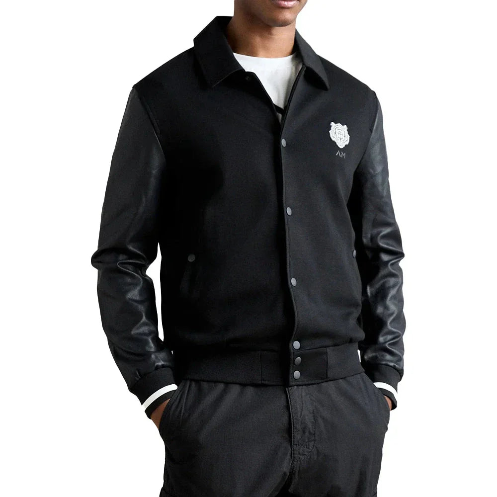 Men's Zip Up Sweatshirt Leather Sleeves Black Tiger Embroidery - OutfitLondon