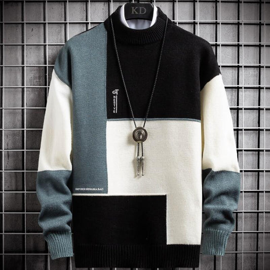 Cozy Patchwork Crew Neck Warm Sweater For Men - OutfitLondon