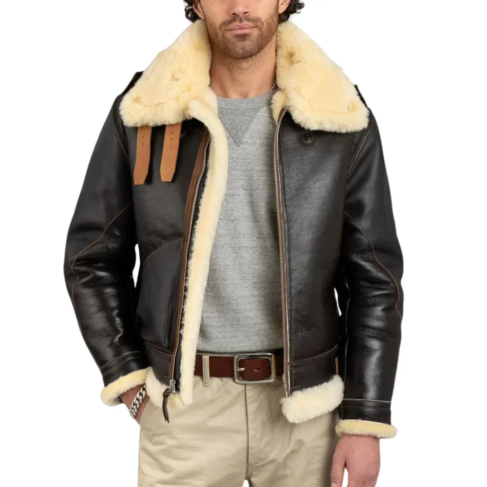 Men's Brown B3 Sheepskin Flight Jacket Sheepskin Lined Cowhide