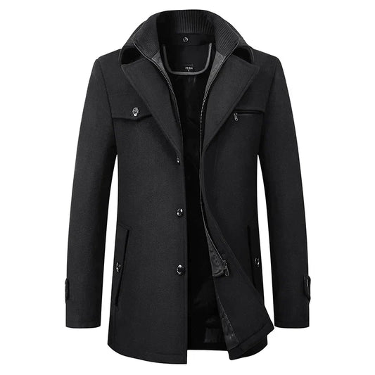 Mens Long Button Overcoat Wool Winter Black - OutfitLondon