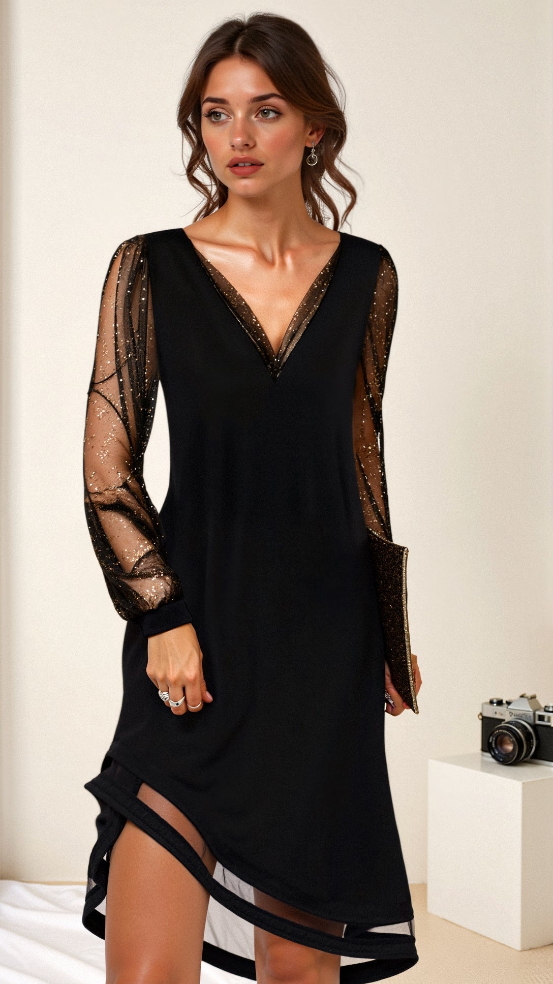 Women's Lace V-Neck Dress Shimmer Sleeves