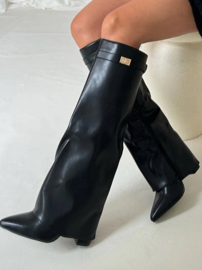 Women's Leather Thigh High Boots with Buckle