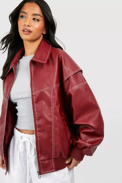 Trendy Faux Leather Women's Bomber Coat
