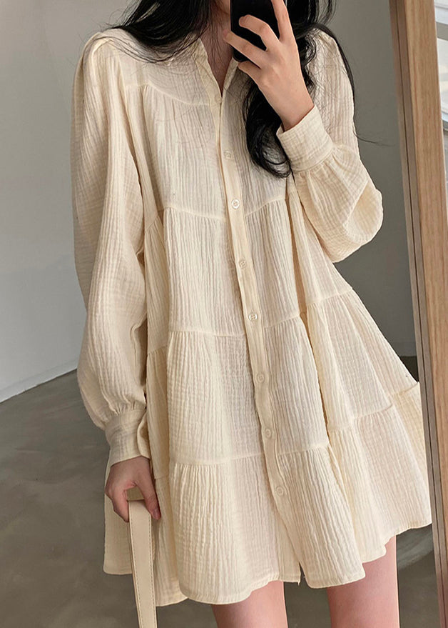 Women's Cotton Shirt Dress Oversized Beige Comfortable - OutfitLondon