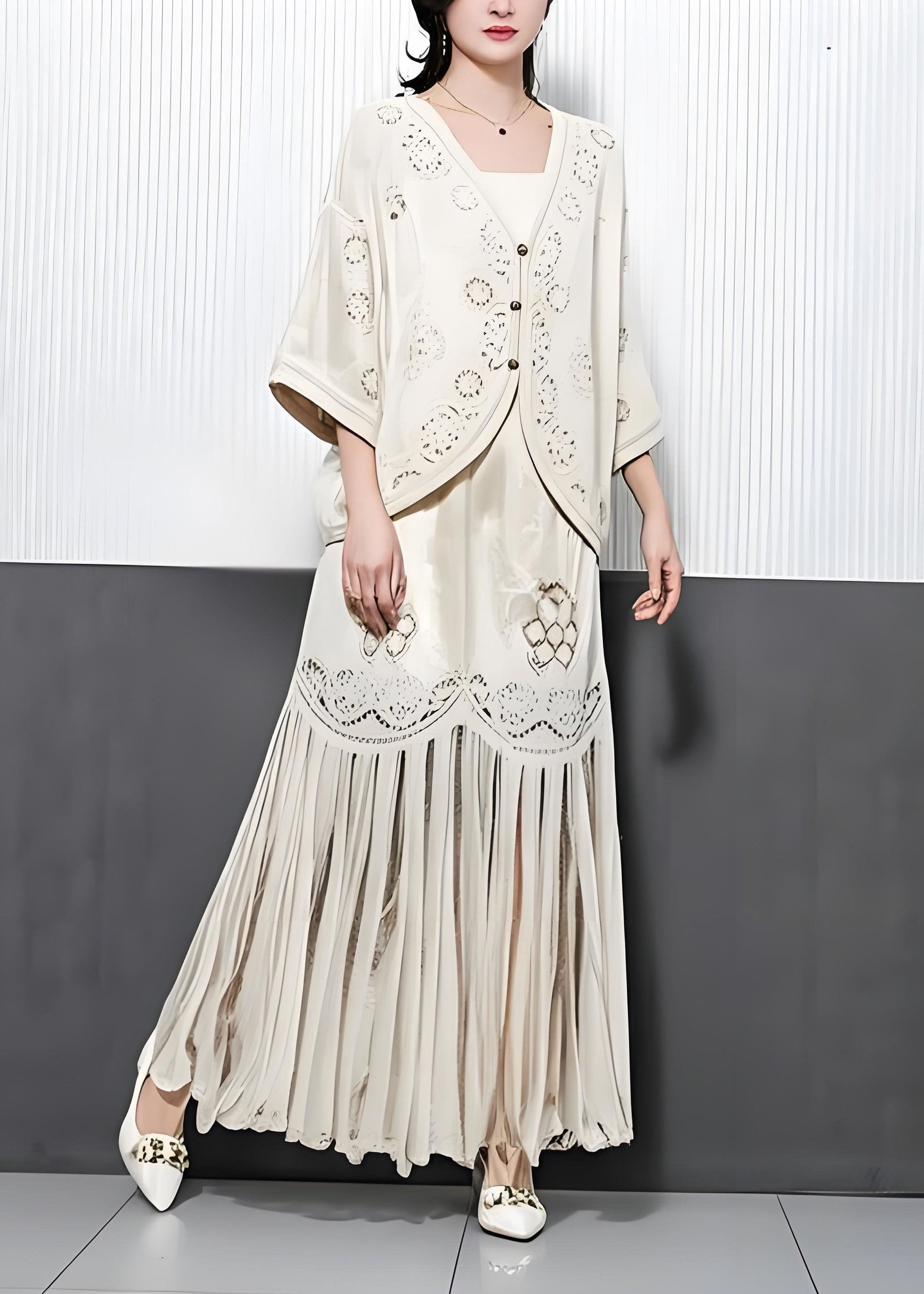 Women's Cotton Embroidered Two Piece Set Beige - OutfitLondon