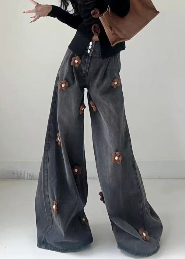 Women's High Waisted Wide Leg Jeans Floral Buttons Dark Blue - OutfitLondon