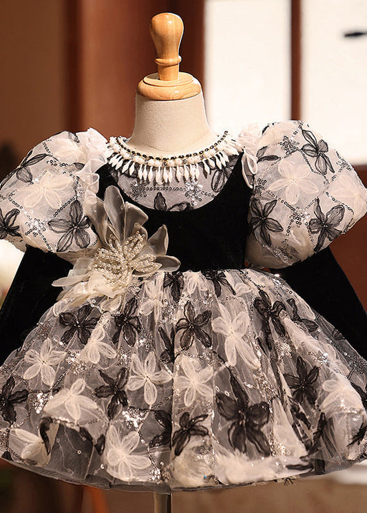 Girls Black Embroidered Tulle Maxi Dress Puff Sleeves - OutfitLondon