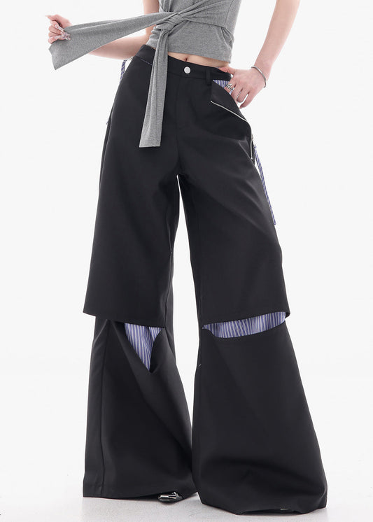 Women's Wide Leg Cotton Pants Black - OutfitLondon