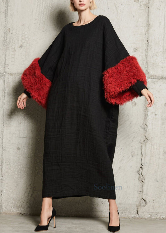 Women's Patchwork Cotton Dress Cozy Fur Trim Autumn - OutfitLondon