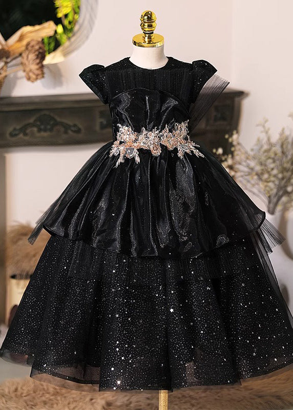 Girls Black Formal Dress Sparkling Sequin Tulle Sleeves - OutfitLondon