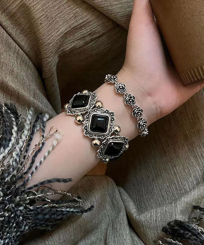 Women's Sterling Silver Gemstone Floral Bracelet Set Black - OutfitLondon