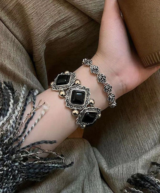 Women's Sterling Silver Gemstone Floral Bracelet Set Black - OutfitLondon