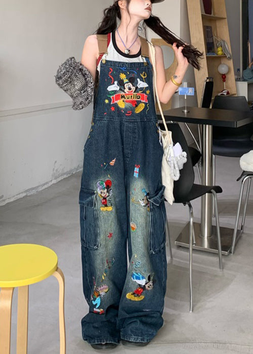 Women's Sleeveless Denim Jumpsuit Blue Embroidered - OutfitLondon