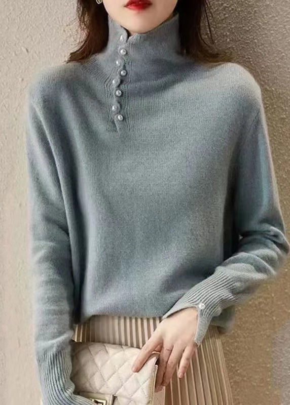 Women's Knit Blue Pearl Embellished High Collar - OutfitLondon