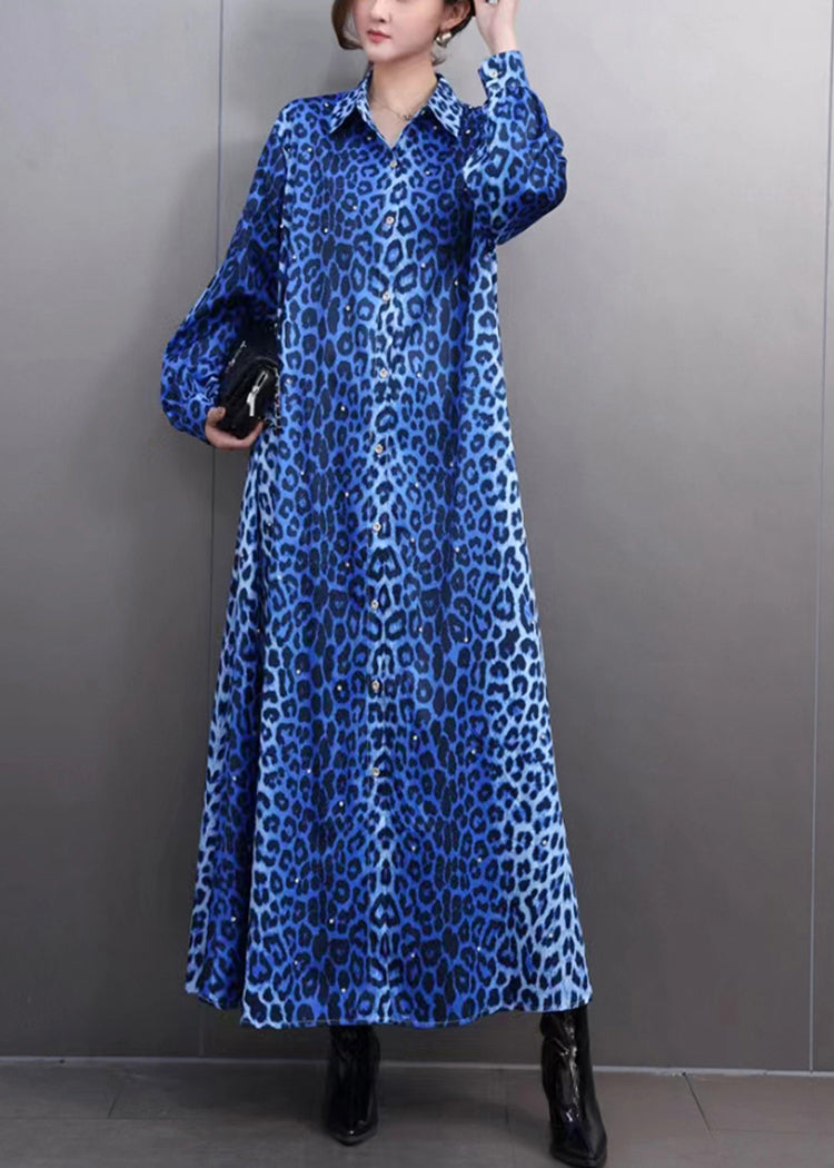 Women's Blue Leopard Print Maxi Dress Lantern Sleeves - OutfitLondon
