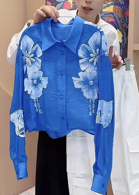 Women's Cotton Blouse Blue Floral Relaxed Fit - OutfitLondon