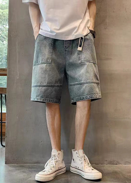 Mens High Waist Denim Shorts Blue Relaxed Fit - OutfitLondon