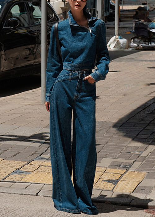 Women's Denim Two Piece Set Blue Mock Neck Zipped Pockets - OutfitLondon
