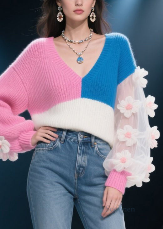 Women's Patchwork Sweater Asymmetrical Floral Multicolor - OutfitLondon