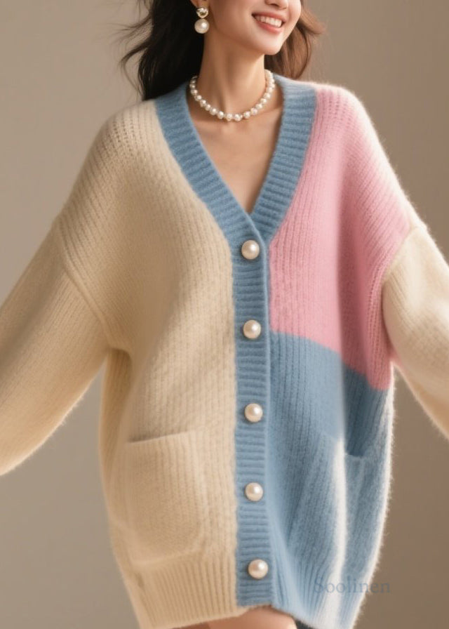 Women's Patchwork Knit Coat V Neck Colorblock Plus Size - OutfitLondon