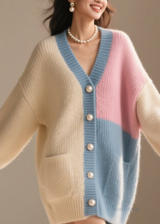 Women's Patchwork Knit Coat V Neck Colorblock Plus Size - OutfitLondon