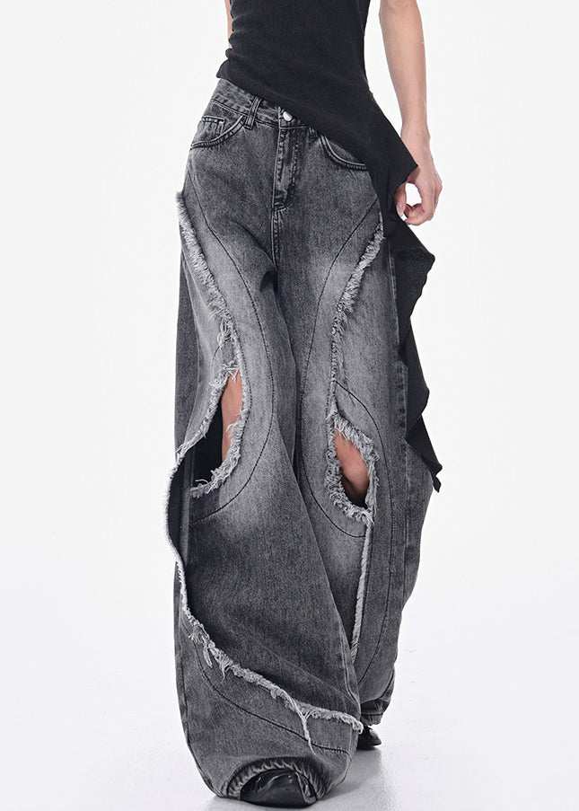 Women's High Waisted Dark Gray Jeans Cutout Pockets - OutfitLondon
