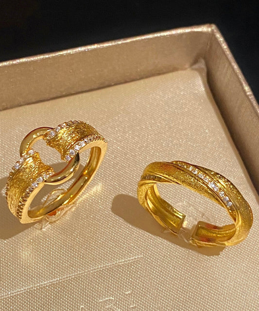 Women's Sterling Silver Two Piece Open Ring Set Gold Overlay Zircon - OutfitLondon