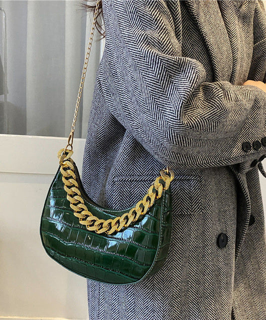 Women's Green Faux Leather Shoulder Bag Gold Chain - OutfitLondon