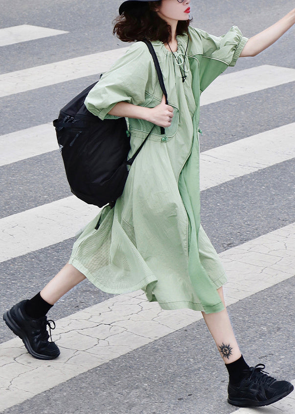 Women's Cotton Patchwork Dress Green Drawstring - OutfitLondon