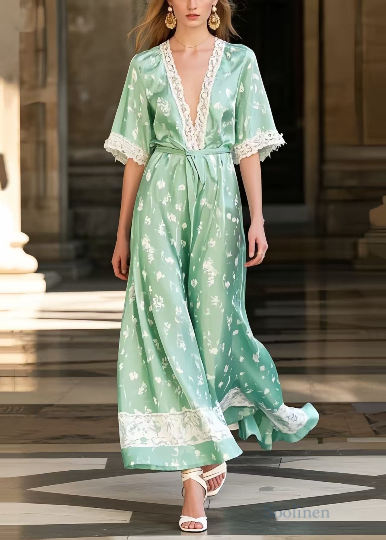 Women's Patchwork Lace Maxi Dress Silk Blend Lake Green - OutfitLondon