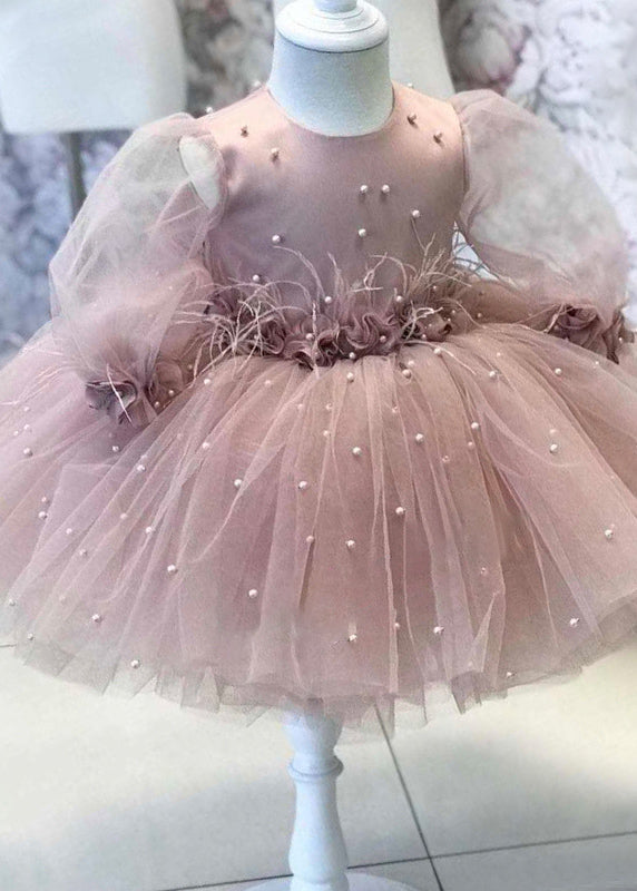 Girls Tulle Maxi Dress Floral Pearl Embellishments Rose - OutfitLondon