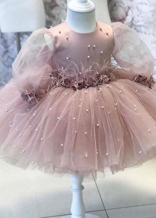 Girls Tulle Maxi Dress Floral Pearl Embellishments Rose - OutfitLondon