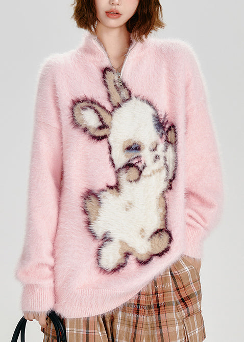 Women's Pink Turtleneck Sweater Fluffy Bunny Knit - OutfitLondon